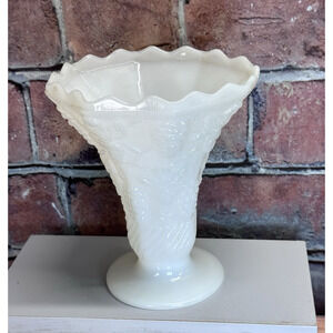 Vtg White Embossed Milk Glass Grape Vine Scalloped Edge Flared Pedestal Vase MCM